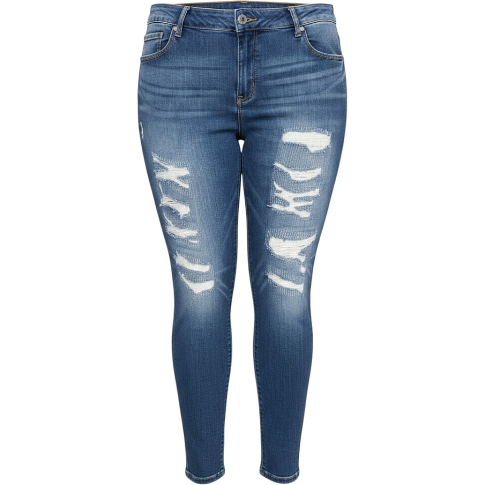 Torrid Bombshell Skinny Jeans 28R Medium Wash Distressed Ripped Raw Hem Blue